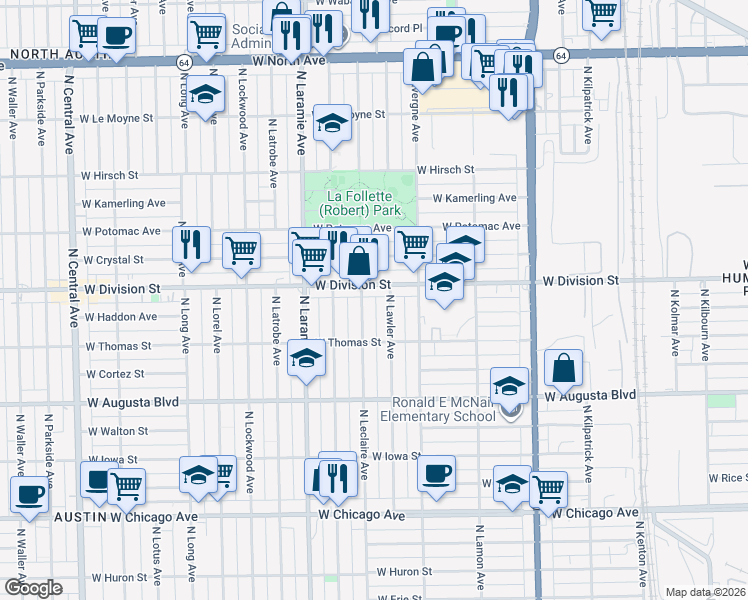 map of restaurants, bars, coffee shops, grocery stores, and more near 5058 West Division Street in Chicago