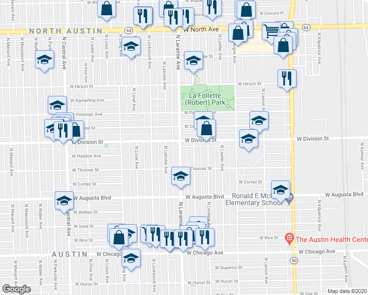 map of restaurants, bars, coffee shops, grocery stores, and more near 1206 North Laramie Avenue in Chicago