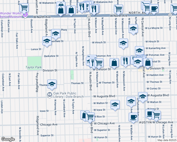 map of restaurants, bars, coffee shops, grocery stores, and more near 1212 North Austin Boulevard in Oak Park