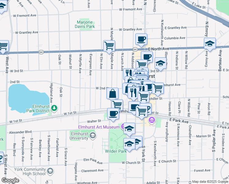 map of restaurants, bars, coffee shops, grocery stores, and more near 166 North Larch Avenue in Elmhurst
