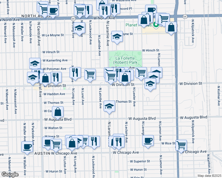 map of restaurants, bars, coffee shops, grocery stores, and more near 1145 North Laramie Avenue in Chicago