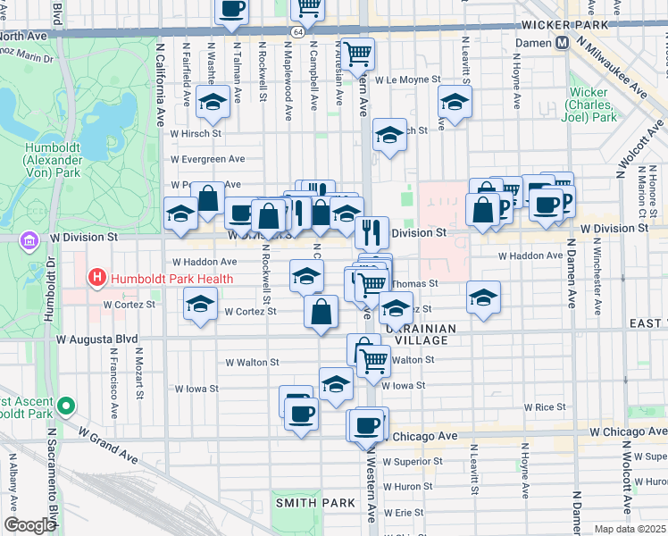 map of restaurants, bars, coffee shops, grocery stores, and more near 2438 West Haddon Avenue in Chicago