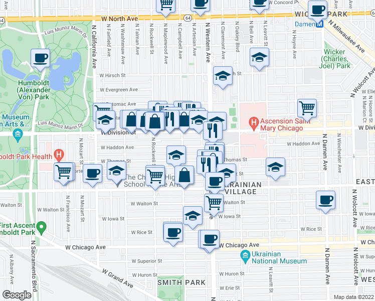 map of restaurants, bars, coffee shops, grocery stores, and more near 2438 West Haddon Avenue in Chicago