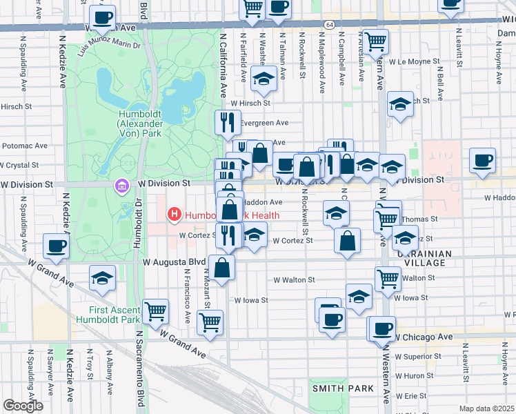 map of restaurants, bars, coffee shops, grocery stores, and more near 2701 West Division Street in Chicago