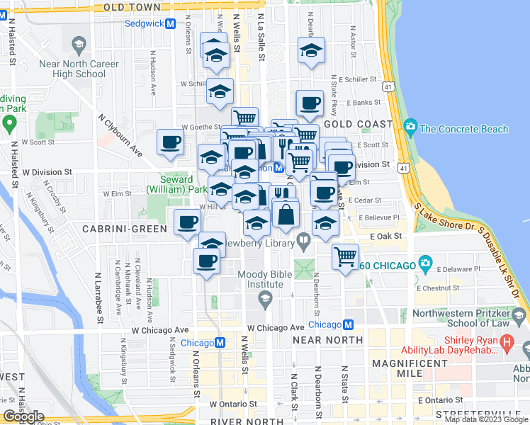 map of restaurants, bars, coffee shops, grocery stores, and more near N La Salle Blvd & W Maple St in Chicago