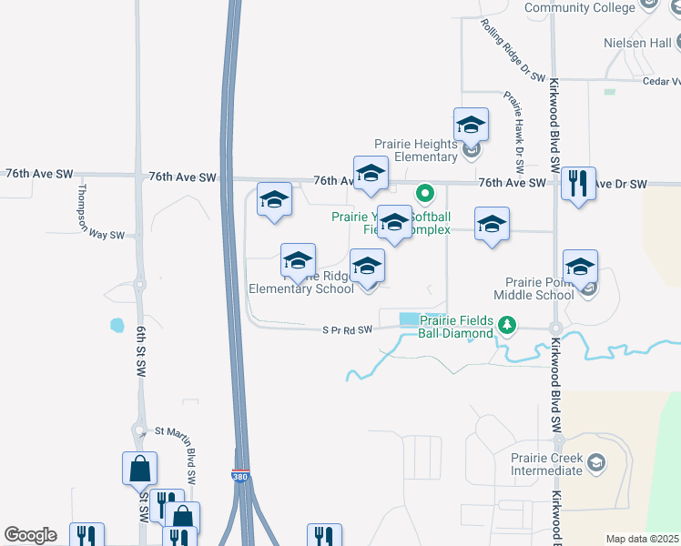 map of restaurants, bars, coffee shops, grocery stores, and more near 401 76th Avenue Southwest in Cedar Rapids
