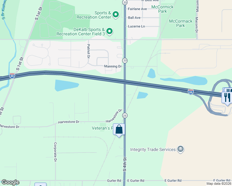 map of restaurants, bars, coffee shops, grocery stores, and more near 2573 South 4th Street in DeKalb