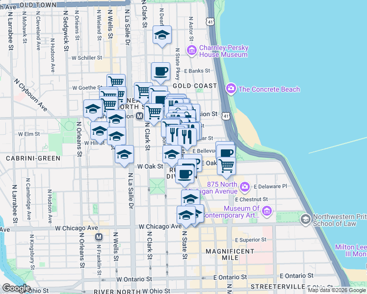 map of restaurants, bars, coffee shops, grocery stores, and more near 1031 North State Street in Chicago