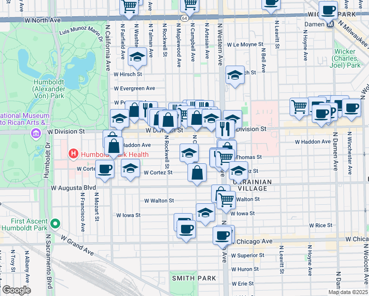 map of restaurants, bars, coffee shops, grocery stores, and more near 2521 West Haddon Avenue in Chicago