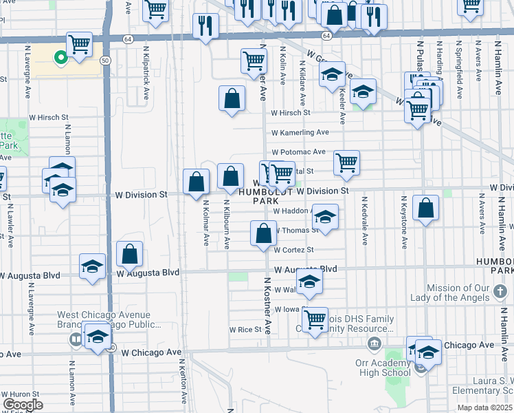 map of restaurants, bars, coffee shops, grocery stores, and more near in Chicago
