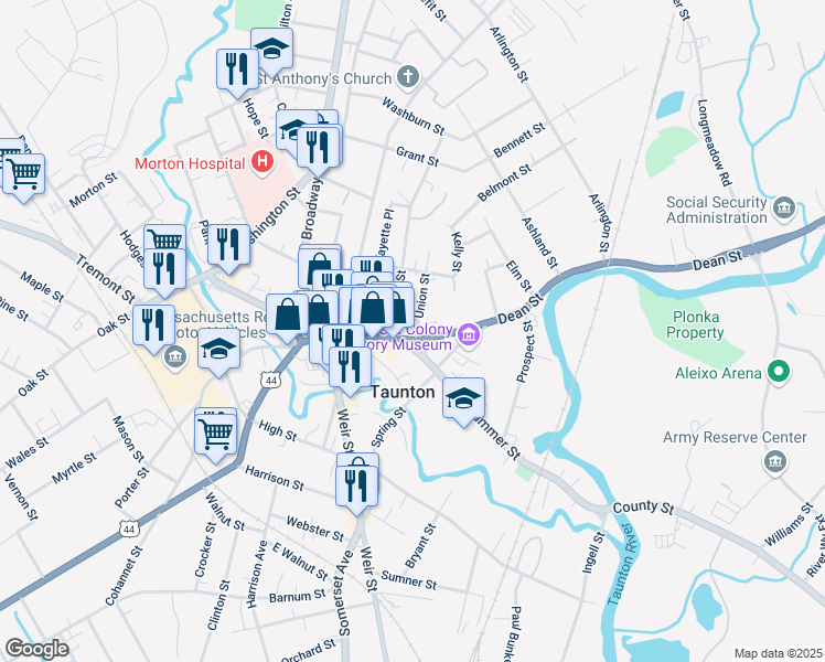 map of restaurants, bars, coffee shops, grocery stores, and more near 18 Union Street in Taunton