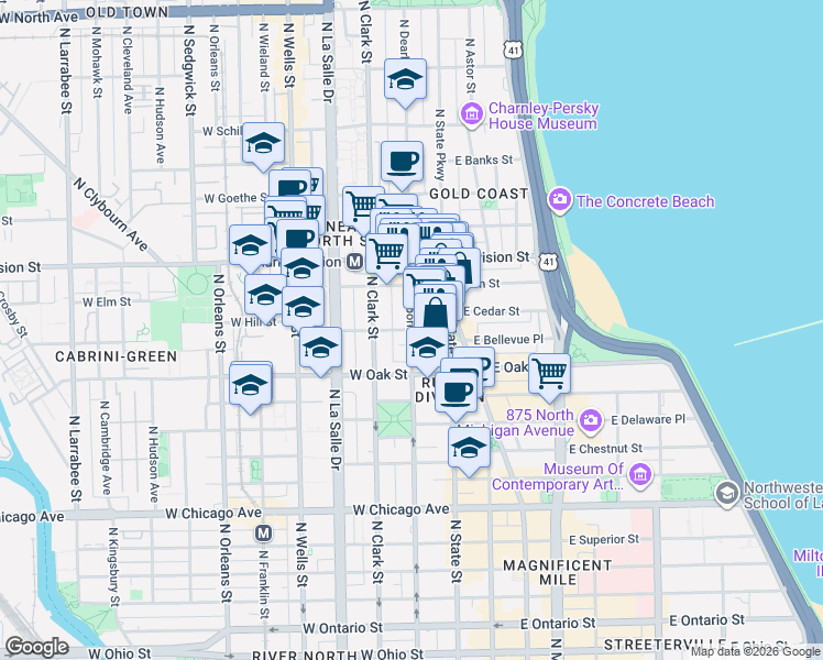 map of restaurants, bars, coffee shops, grocery stores, and more near N Dearborn St & W Maple St in Chicago