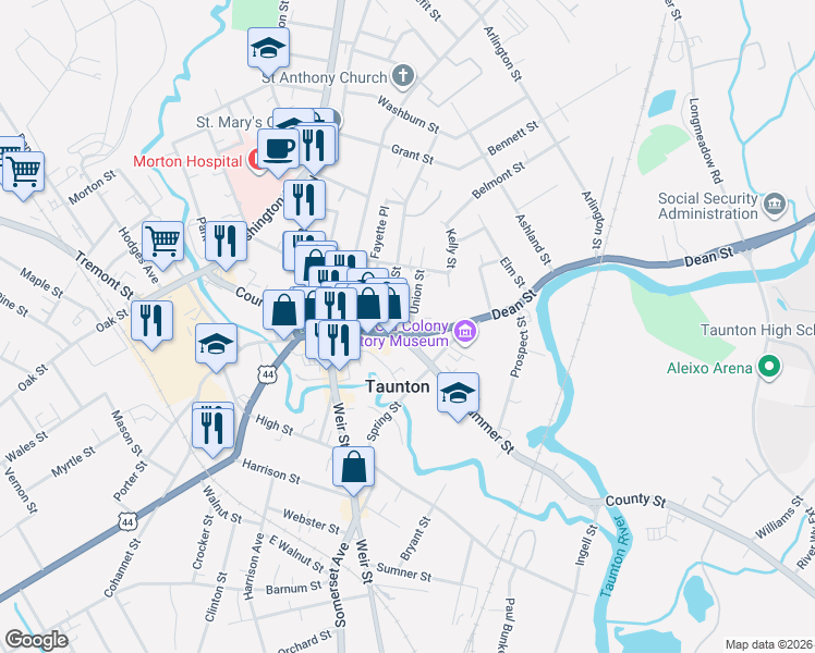 map of restaurants, bars, coffee shops, grocery stores, and more near 18 Union Street in Taunton