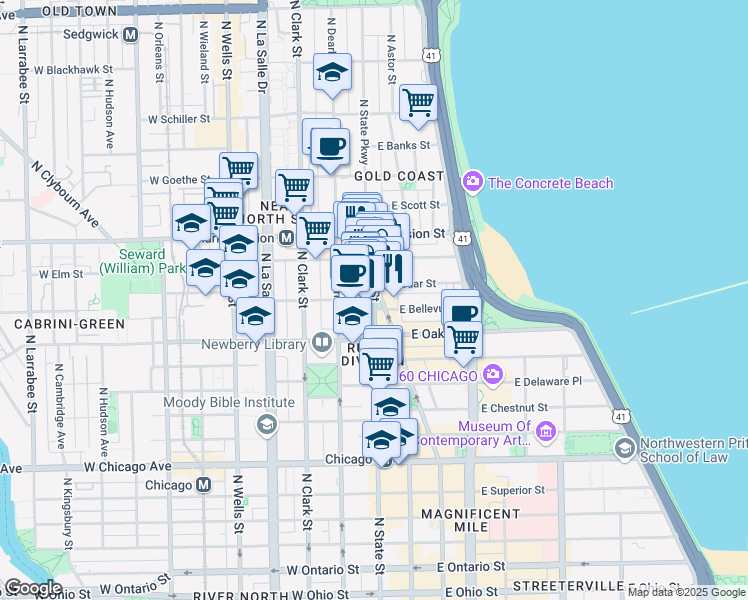 map of restaurants, bars, coffee shops, grocery stores, and more near 2 West Maple Street in Chicago