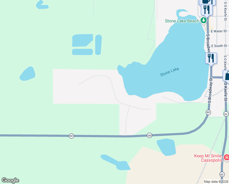map of restaurants, bars, coffee shops, grocery stores, and more near 61900 Stone Lake Drive in Cassopolis
