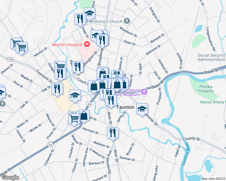 map of restaurants, bars, coffee shops, grocery stores, and more near 1 Taunton Green in Taunton