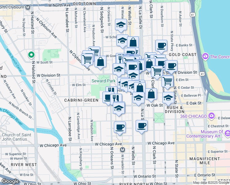 map of restaurants, bars, coffee shops, grocery stores, and more near 321 West Hill Street in Chicago