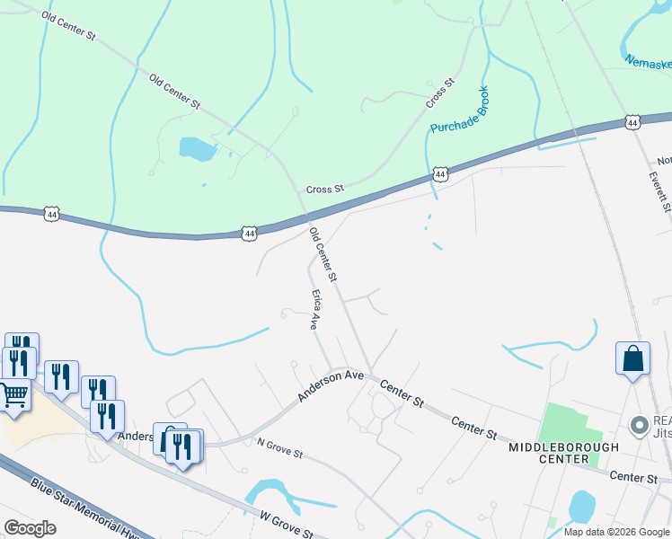 map of restaurants, bars, coffee shops, grocery stores, and more near 304 Old Center Street in Middleborough