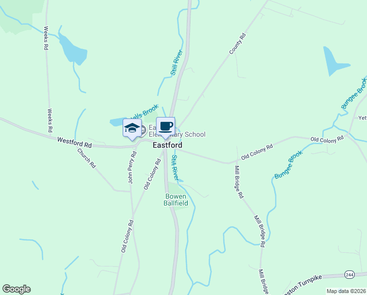 map of restaurants, bars, coffee shops, grocery stores, and more near 420 Old Colony Road in Eastford