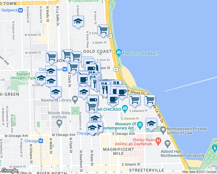 map of restaurants, bars, coffee shops, grocery stores, and more near 70 East Cedar Street in Chicago