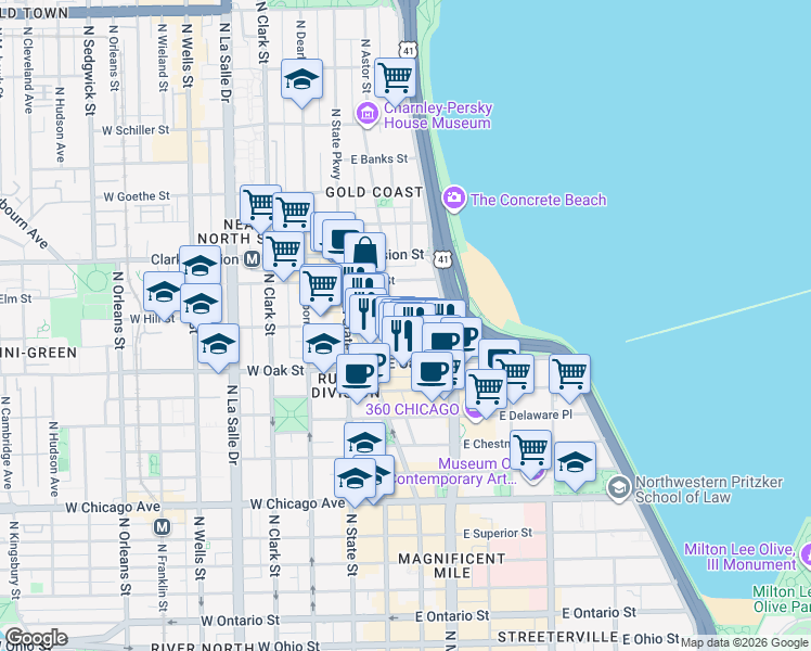 map of restaurants, bars, coffee shops, grocery stores, and more near 70 East Cedar Street in Chicago