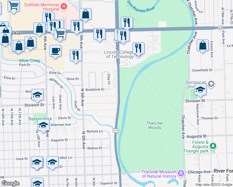 map of restaurants, bars, coffee shops, grocery stores, and more near 1610 North 1st Avenue in Melrose Park