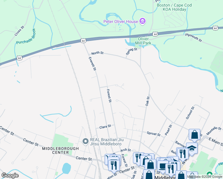 map of restaurants, bars, coffee shops, grocery stores, and more near 15 Isaac Street in Middleborough