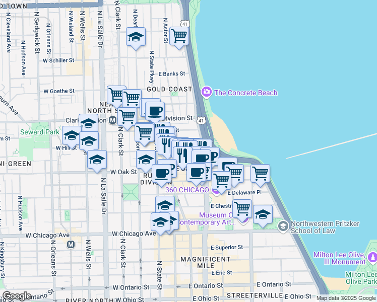 map of restaurants, bars, coffee shops, grocery stores, and more near 70 East Cedar Street in Chicago