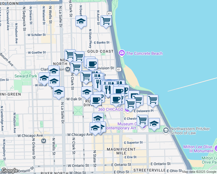 map of restaurants, bars, coffee shops, grocery stores, and more near 70 East Cedar Street in Chicago