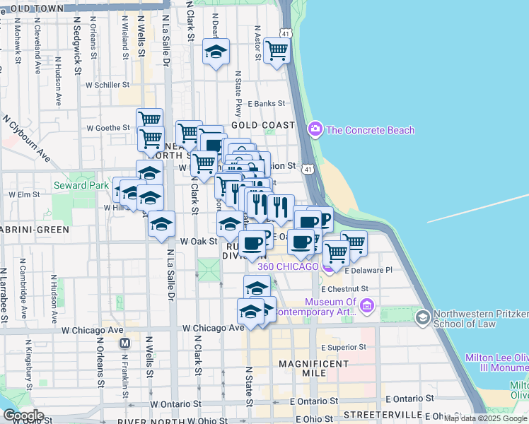 map of restaurants, bars, coffee shops, grocery stores, and more near 40 East Cedar Street in Chicago
