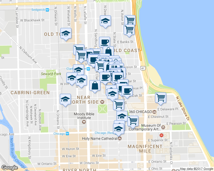 map of restaurants, bars, coffee shops, grocery stores, and more near 1111 North Dearborn Parkway in Chicago