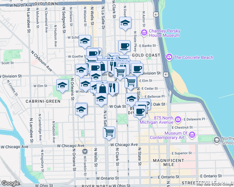 map of restaurants, bars, coffee shops, grocery stores, and more near in Chicago