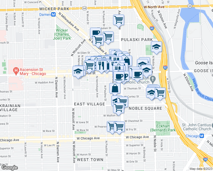 map of restaurants, bars, coffee shops, grocery stores, and more near 1104 North Marshfield Avenue in Chicago