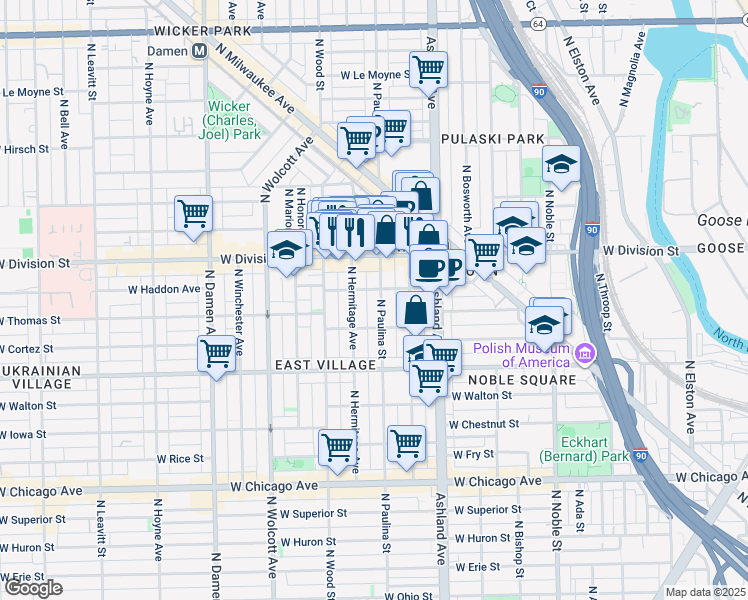 map of restaurants, bars, coffee shops, grocery stores, and more near 1712 West Haddon Avenue in Chicago
