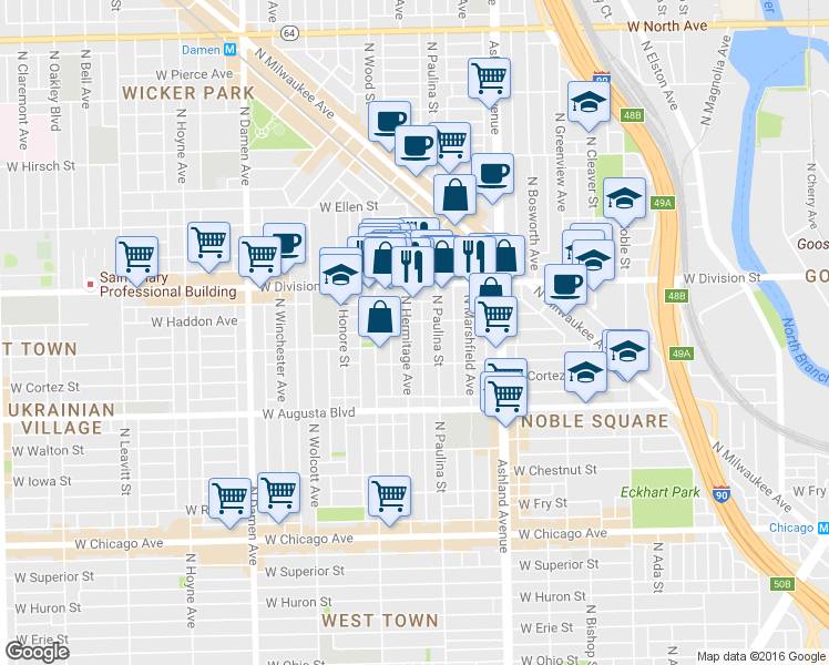 map of restaurants, bars, coffee shops, grocery stores, and more near 1712 West Haddon Avenue in Chicago