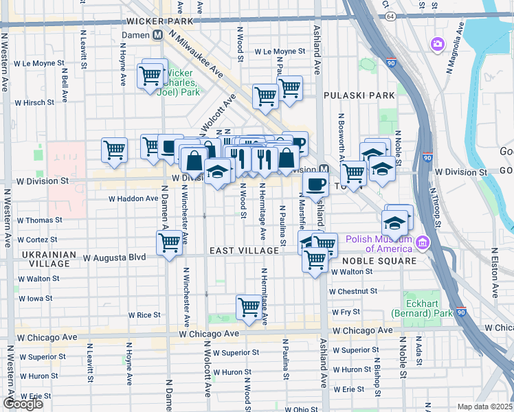 map of restaurants, bars, coffee shops, grocery stores, and more near 1133 North Wood Street in Chicago