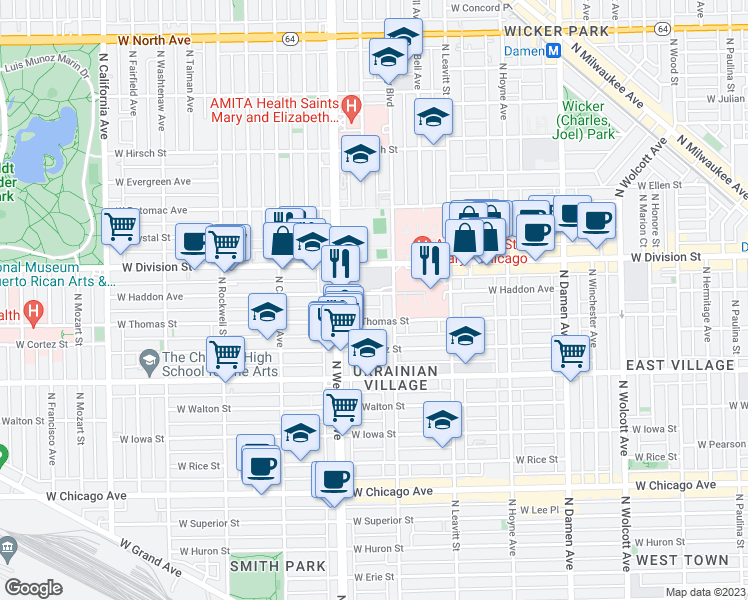 map of restaurants, bars, coffee shops, grocery stores, and more near 2235 West Division Street in Chicago