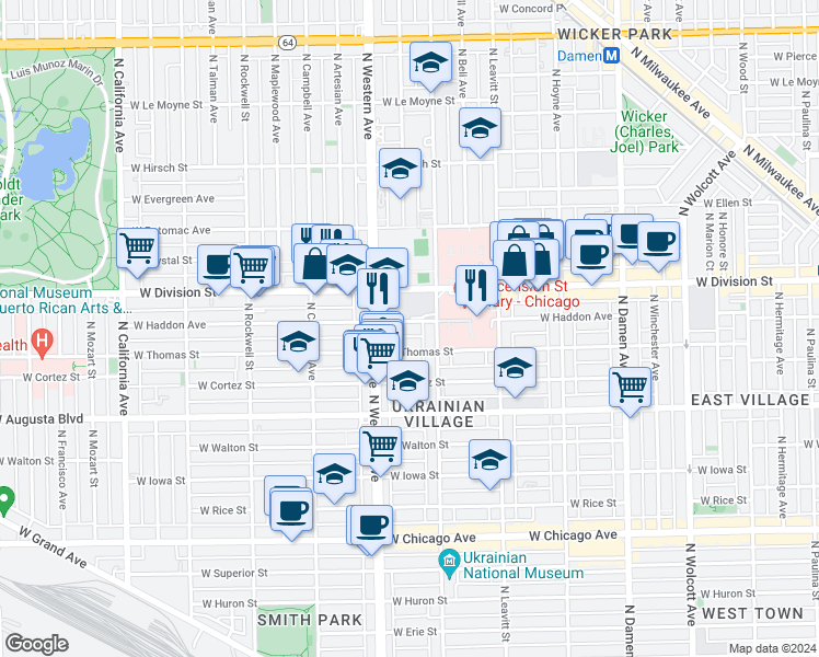 map of restaurants, bars, coffee shops, grocery stores, and more near 2235 West Division Street in Chicago