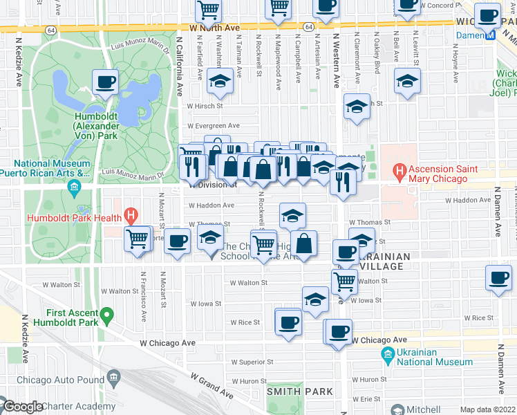 map of restaurants, bars, coffee shops, grocery stores, and more near in Chicago