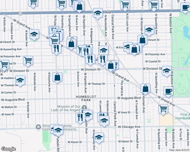 map of restaurants, bars, coffee shops, grocery stores, and more near 3725 West Division Street in Chicago