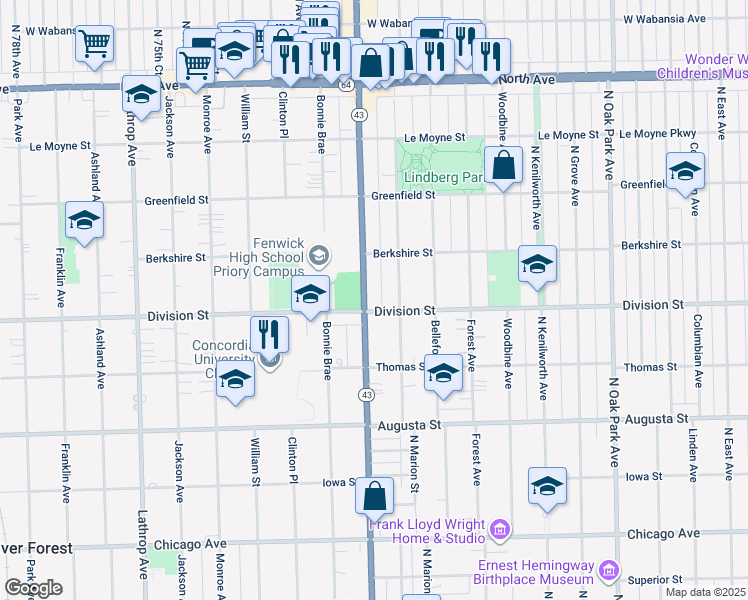 map of restaurants, bars, coffee shops, grocery stores, and more near 1221 North Harlem Avenue in Oak Park