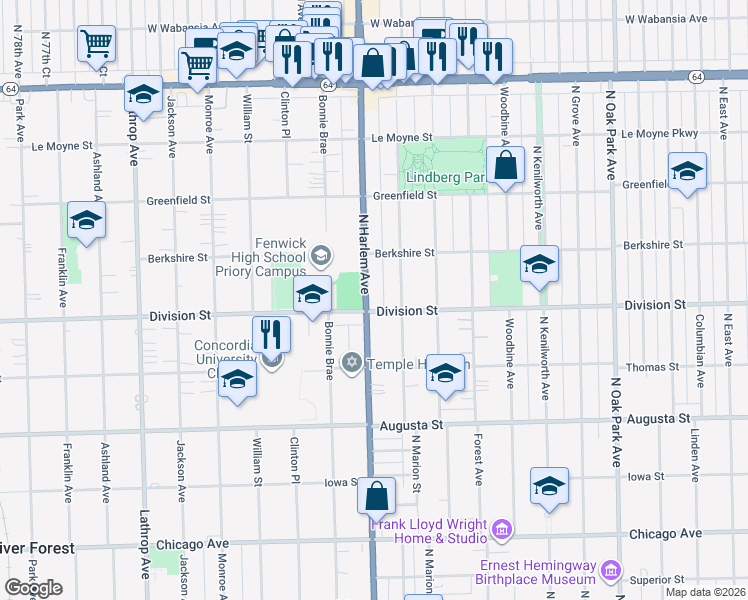 map of restaurants, bars, coffee shops, grocery stores, and more near 1221 North Harlem Avenue in Oak Park