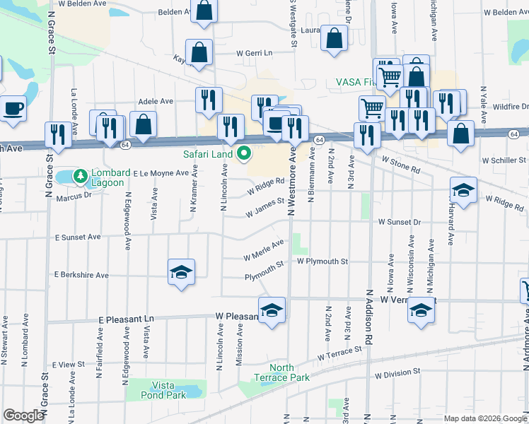 map of restaurants, bars, coffee shops, grocery stores, and more near 626 West James Street in Villa Park