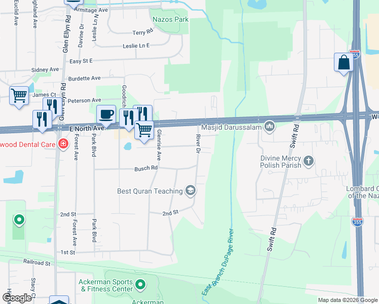 map of restaurants, bars, coffee shops, grocery stores, and more near 832 Valleyview Drive in Glen Ellyn