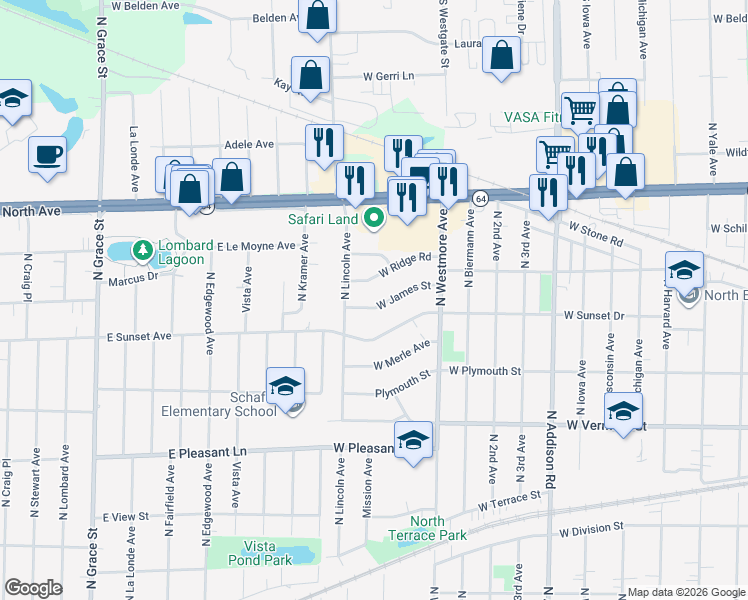 map of restaurants, bars, coffee shops, grocery stores, and more near 705 West Ridge Road in Villa Park