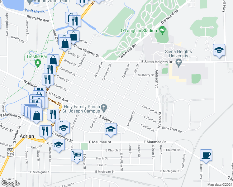 map of restaurants, bars, coffee shops, grocery stores, and more near 700 Chestnut Street in Adrian