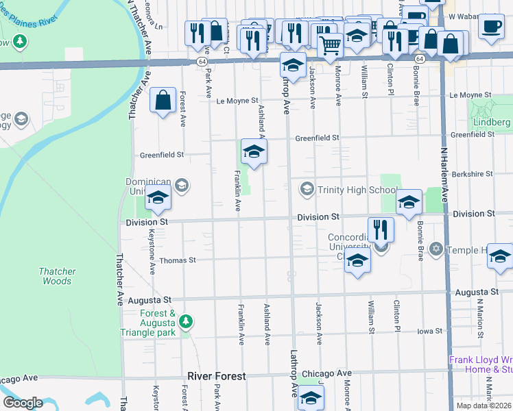 map of restaurants, bars, coffee shops, grocery stores, and more near 1228 Ashland Avenue in River Forest