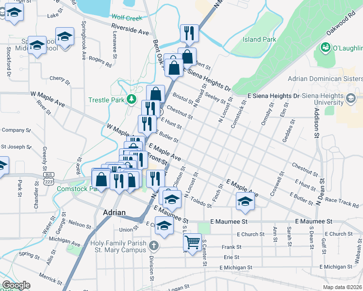map of restaurants, bars, coffee shops, grocery stores, and more near 428 North Broad Street in Adrian