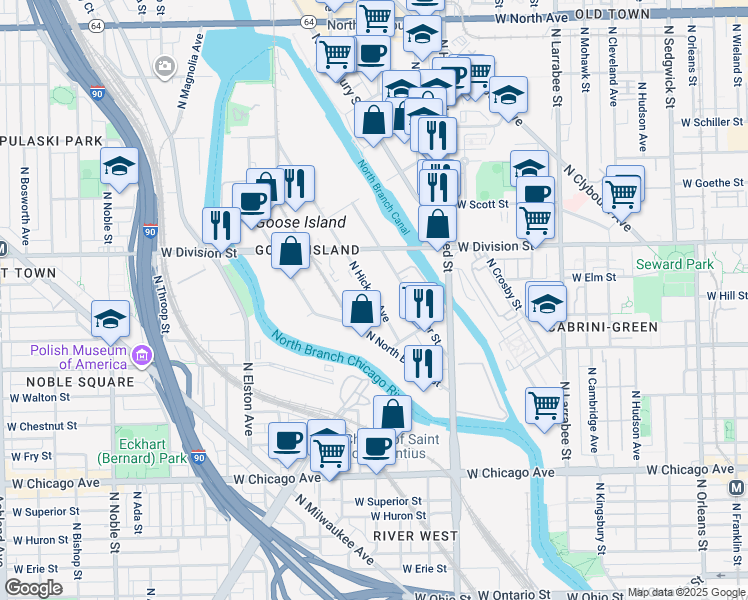 map of restaurants, bars, coffee shops, grocery stores, and more near 1112 North Hickory Avenue in Chicago