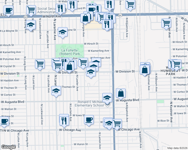 map of restaurants, bars, coffee shops, grocery stores, and more near 4902 West Division Street in Chicago